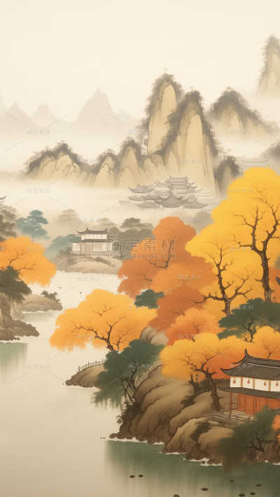秋天通用古风建筑背景