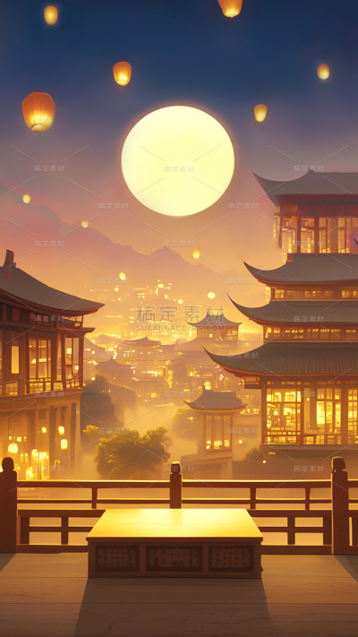 中秋节古风建筑展台背景