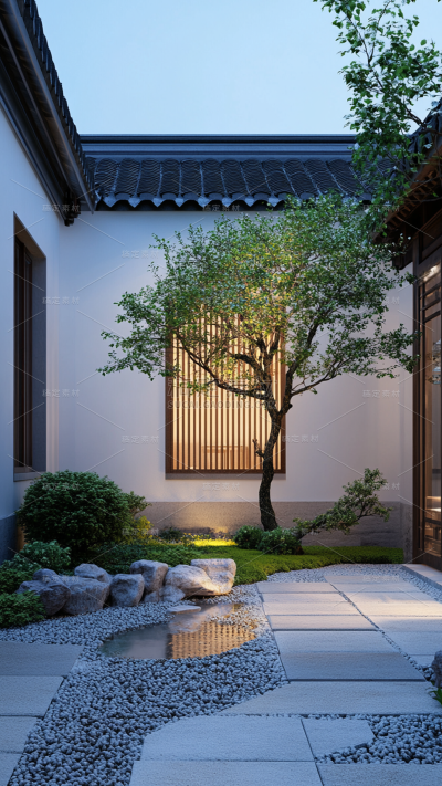 建筑系列通用庭院一角树木图片