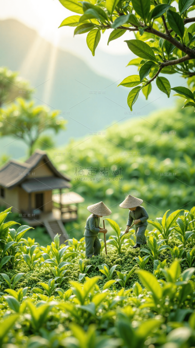 谷雨实景感梯田茶山微缩场景人物背景