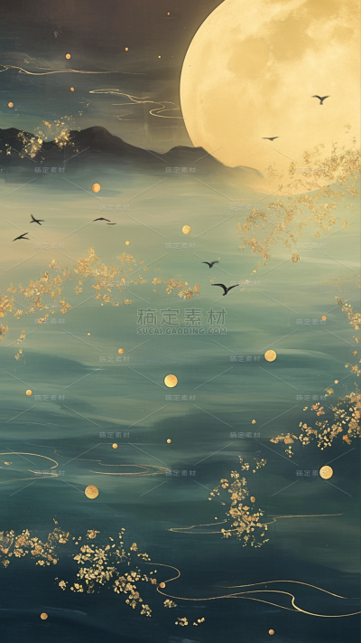 通用中国风鎏金月色山海背景素材