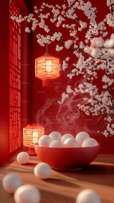 元宵节光影感实景汤圆灯笼桃花背景