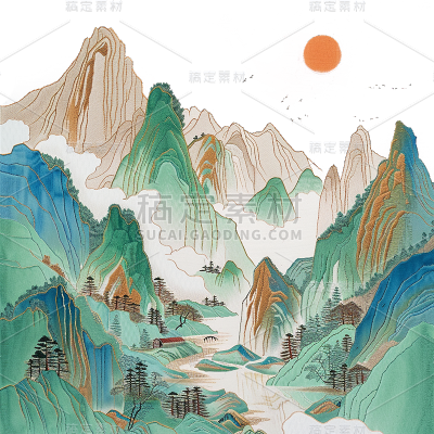 中国风通用工笔画山水元素素材