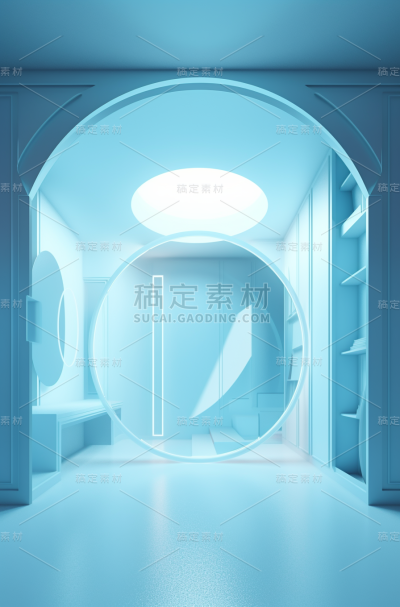 3d室内室，玻璃天空上有两个圆形白色灯泡，呈淡天蓝色和天蓝色风格，拱形门道，在线雕塑，动画形状，流线型形式，干净流线型，英特尔核心