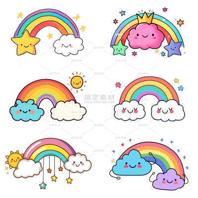 气象系列可爱彩虹+云朵拟人形象贴纸