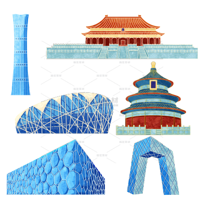 建筑系列通用描边手绘城市建筑组合元素素材