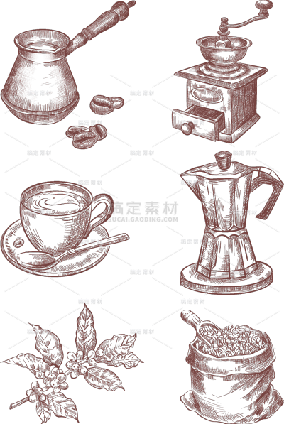 手绘线稿咖啡元素素材