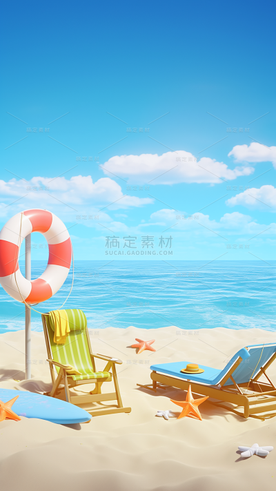 夏天夏季夏日海边3D立体场景背景素材
