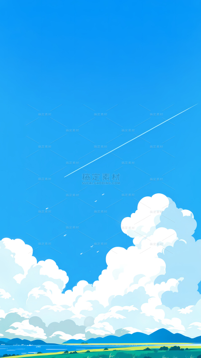 风光系列插画风动漫感蓝天白云背景