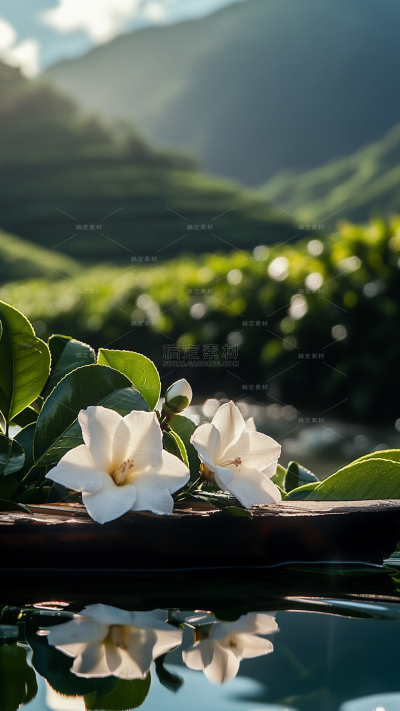 植物系列自然感茶山栀子花展台背景