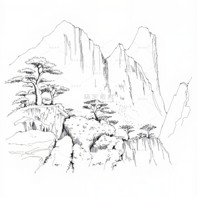 风光系列黑白山脉悬崖松树场景线稿元素(td)