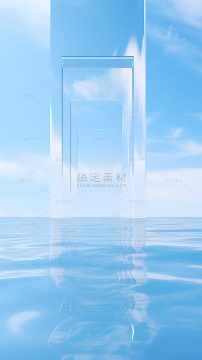 通用电商简约透明玻璃感蓝色水面展台场景背景