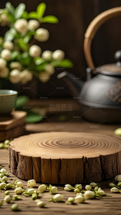 植物系列写实茉莉花茶木头+茶杯展台