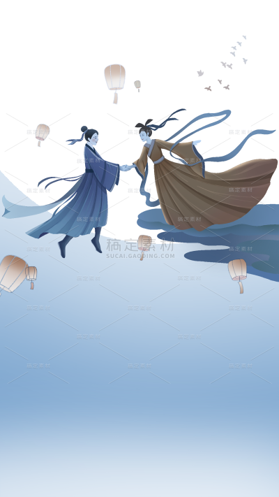 七夕通用月下牛郎织女相会人物背景图片