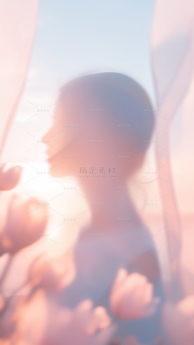 三八妇女节朦胧感鲜花丝带人物剪影背景