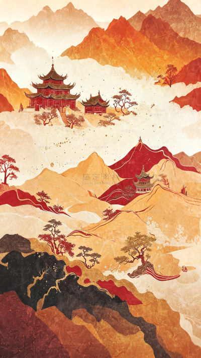 背景系列中国风山脉树木楼阁背景