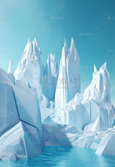 天空下冰冷的冰山的照片，以支离破碎的广告、zbrush、干净的线条、纯粹的形式、明亮的雕塑、宁静的水彩、白色和蓝色、充满光线的构图为风格
