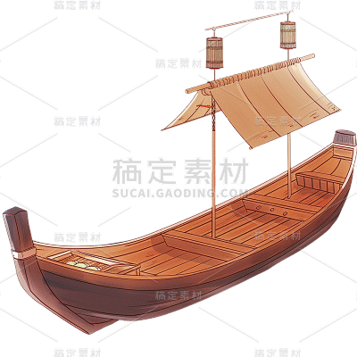 交通系列描边国风手绘孤舟贴纸