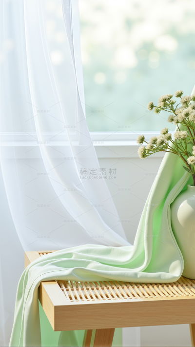 常规背景系列春日清新感窗边木椅绸缎场景背景