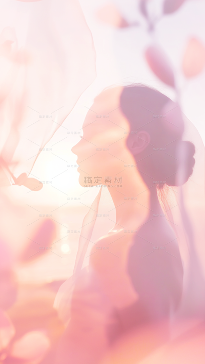 三八妇女节朦胧感鲜花丝带人物剪影背景