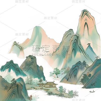 中国风通用工笔画山水元素素材