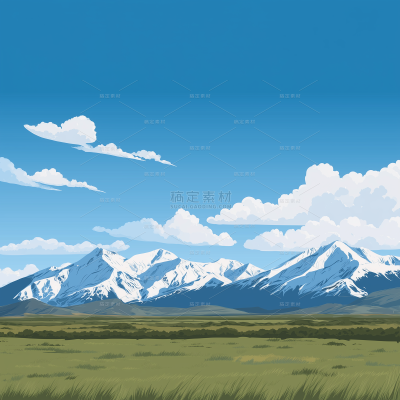 风光系列插画风草原雪山天空背景（td）