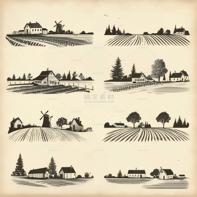 风光系列插画风乡村田野无缝景观线稿插画（td）