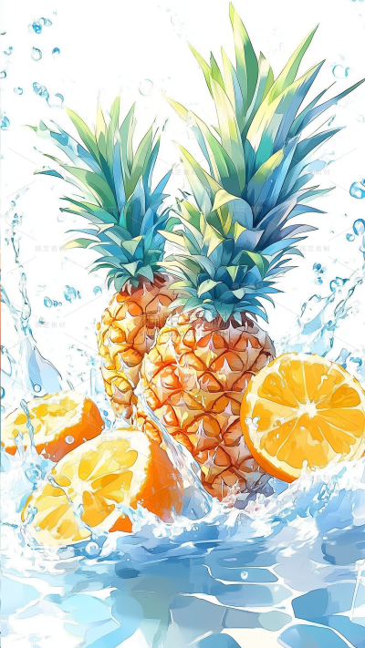 果蔬系列-通用-菠萝水果梦幻感水彩插画背景图片