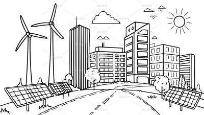 常规内容-建筑系列手绘风新能源风力光伏发电建筑线稿