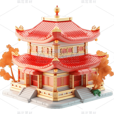3D立体C4D元素中式中国风建筑亭子元素