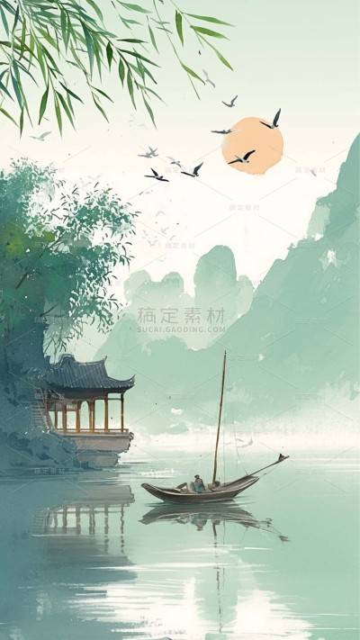 清明通用插画水墨风山水柳叶背景场景图片素材