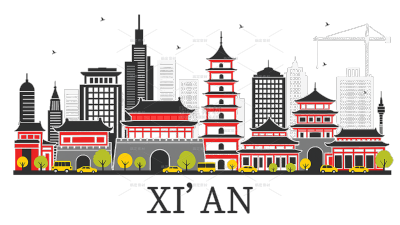 建筑系列插画风西安城市建筑（td）