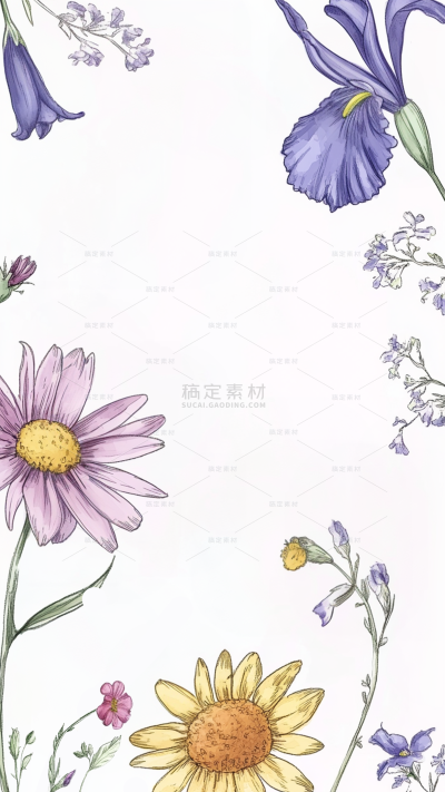 常规植物系列复古风手绘肌理感黑色描边花卉背景