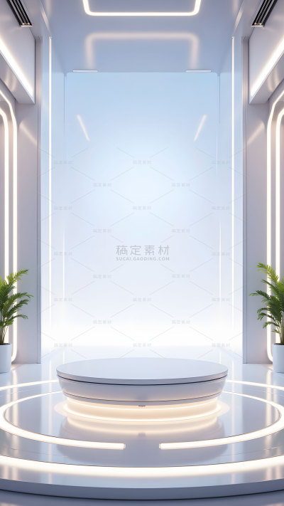 科技风系列简约风蓝白色空间植物电商促销展台背景