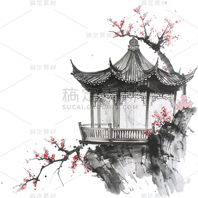 中国风通用水墨中式建筑组合元素素材