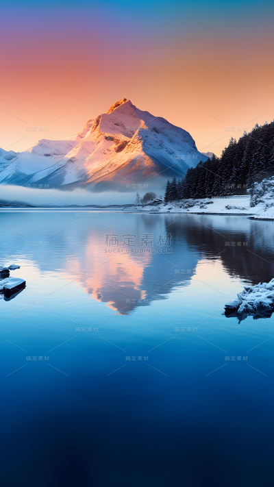 通用唯美自然山川湖水雪山晚霞风景背景