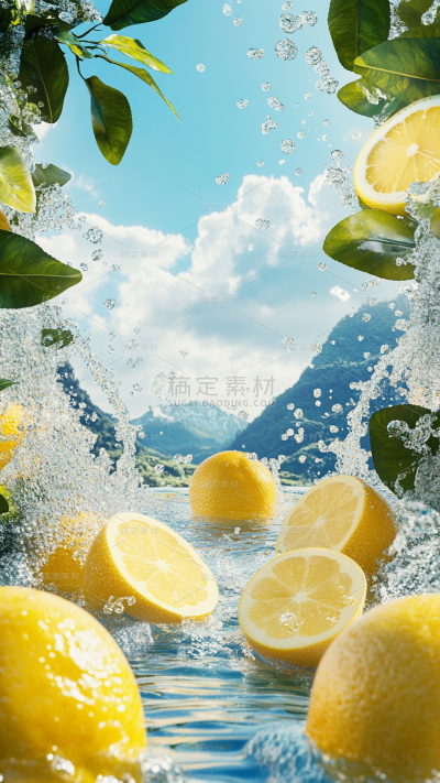 果蔬系列水果柠檬带水珠中间留白大自然背景
