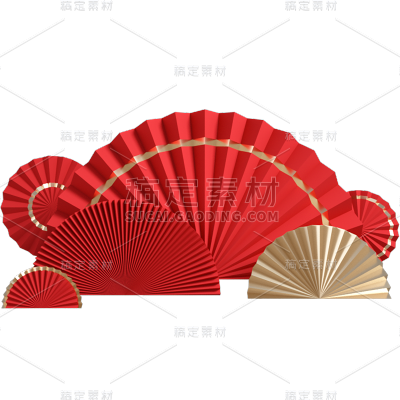 中国风中式通用带金边红扇子组合元素素材