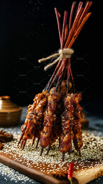 美食系列绳扎烧烤肉串元素
