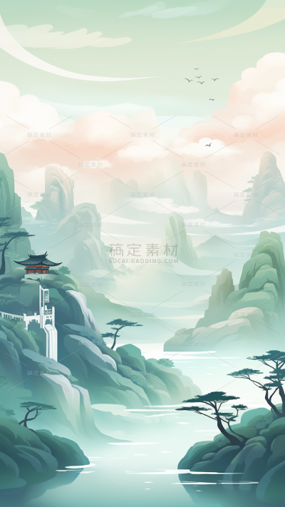 背景通用中国风青绿色山水插画场景背景图片素材