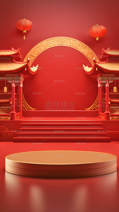 年货节促销中国风中式国风红色展台背景3D场景图片