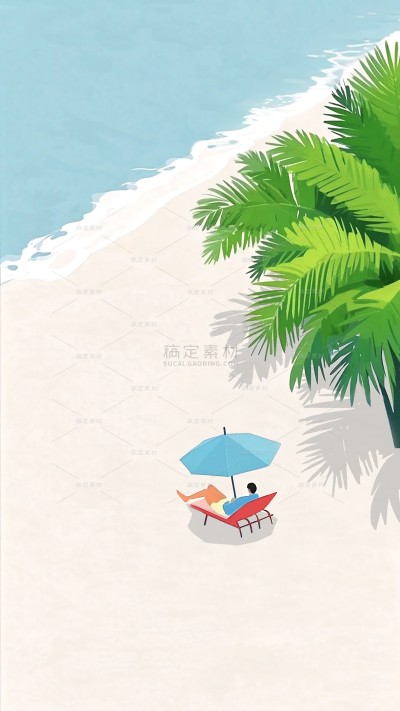 小暑大暑清新感人物沙滩晒太阳插画背景