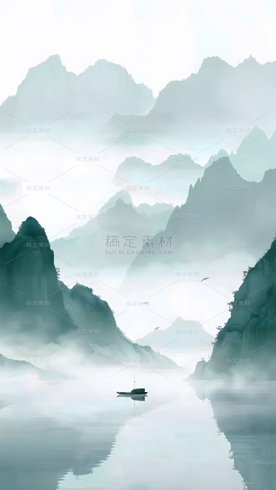 中国风通用春绿色古风山水云雾意境竖版图片素材