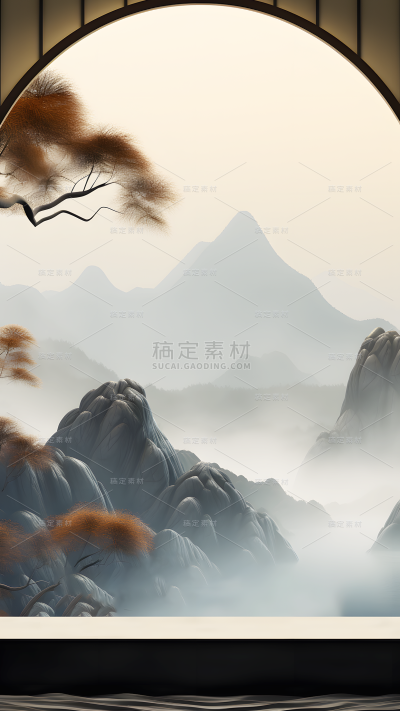 通用电商传统中国风中式自然山树场景背景