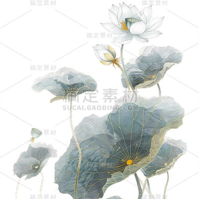 中国风通用金边工笔画荷花植物元素素材