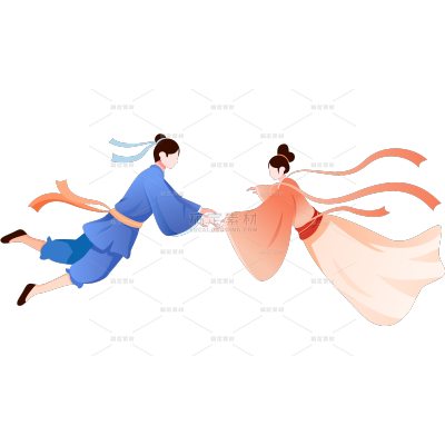 七夕通用手绘人物插画牛郎织女相会牵手大尺寸元素素材
