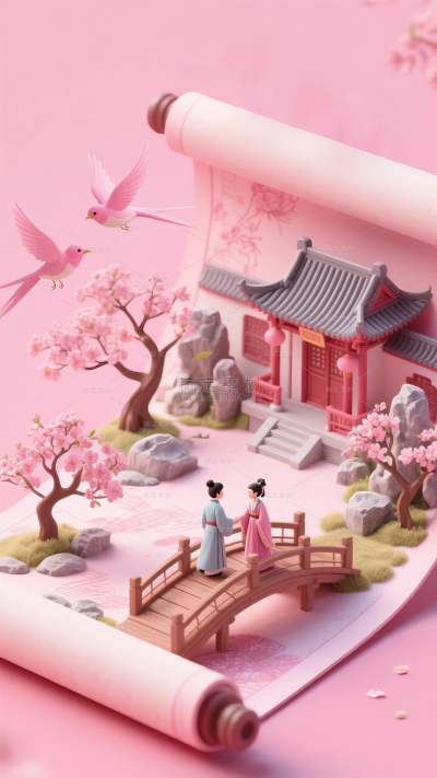 七夕浪漫感弥散渐变桃花喜鹊人物剪影背景