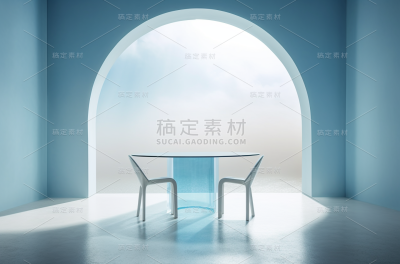 透明玻璃桌子和拱形门道，超现实主义室内风格