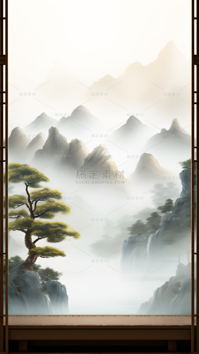 通用电商传统中国风中式自然山树场景背景