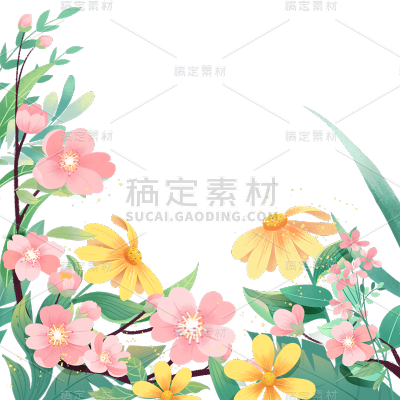 春天春日氛围感插画花卉植物边框元素素材